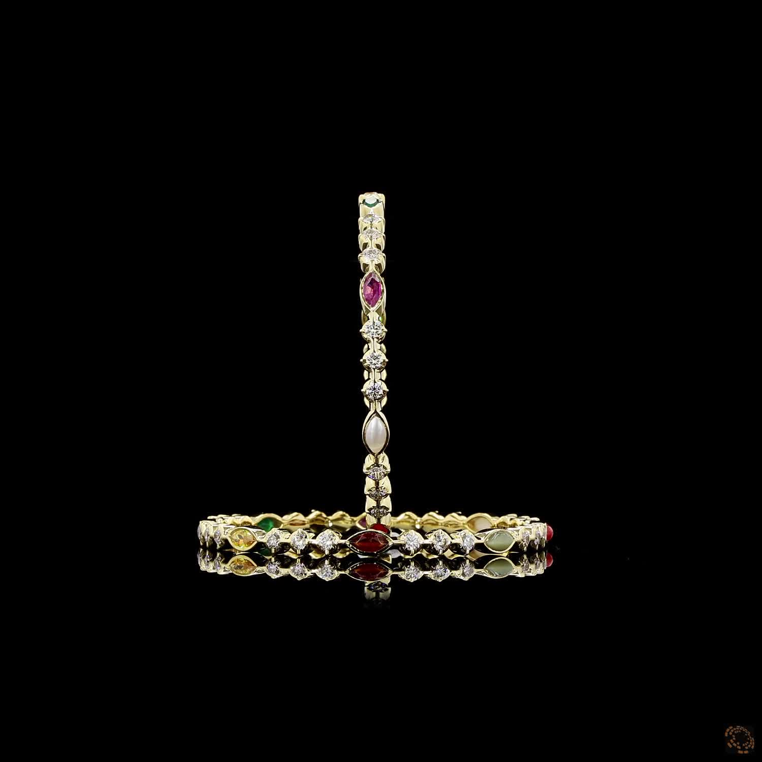 Navratna Stone Diamond Bangles in 18KT Yellow Gold