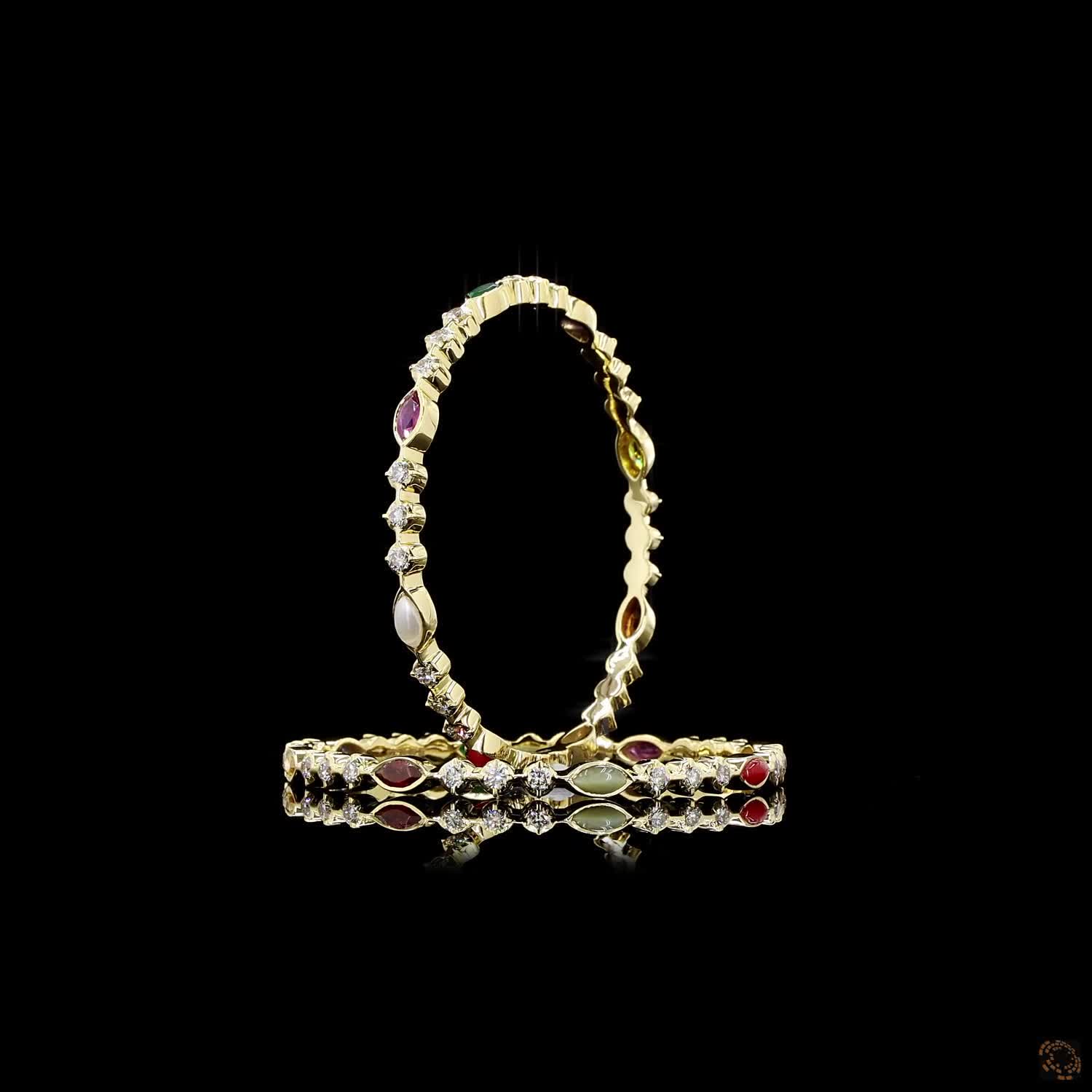 Navratna Stone Diamond Bangles in 18KT Yellow Gold