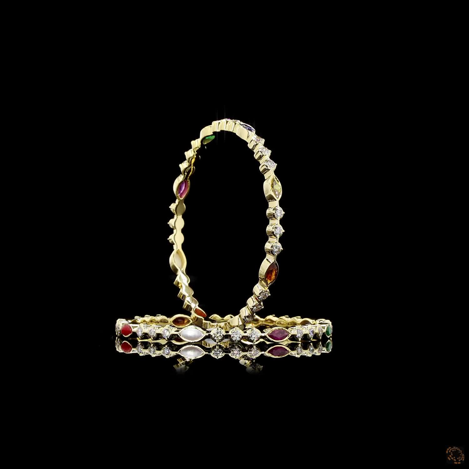 Navratna Stone Diamond Bangles in 18KT Yellow Gold