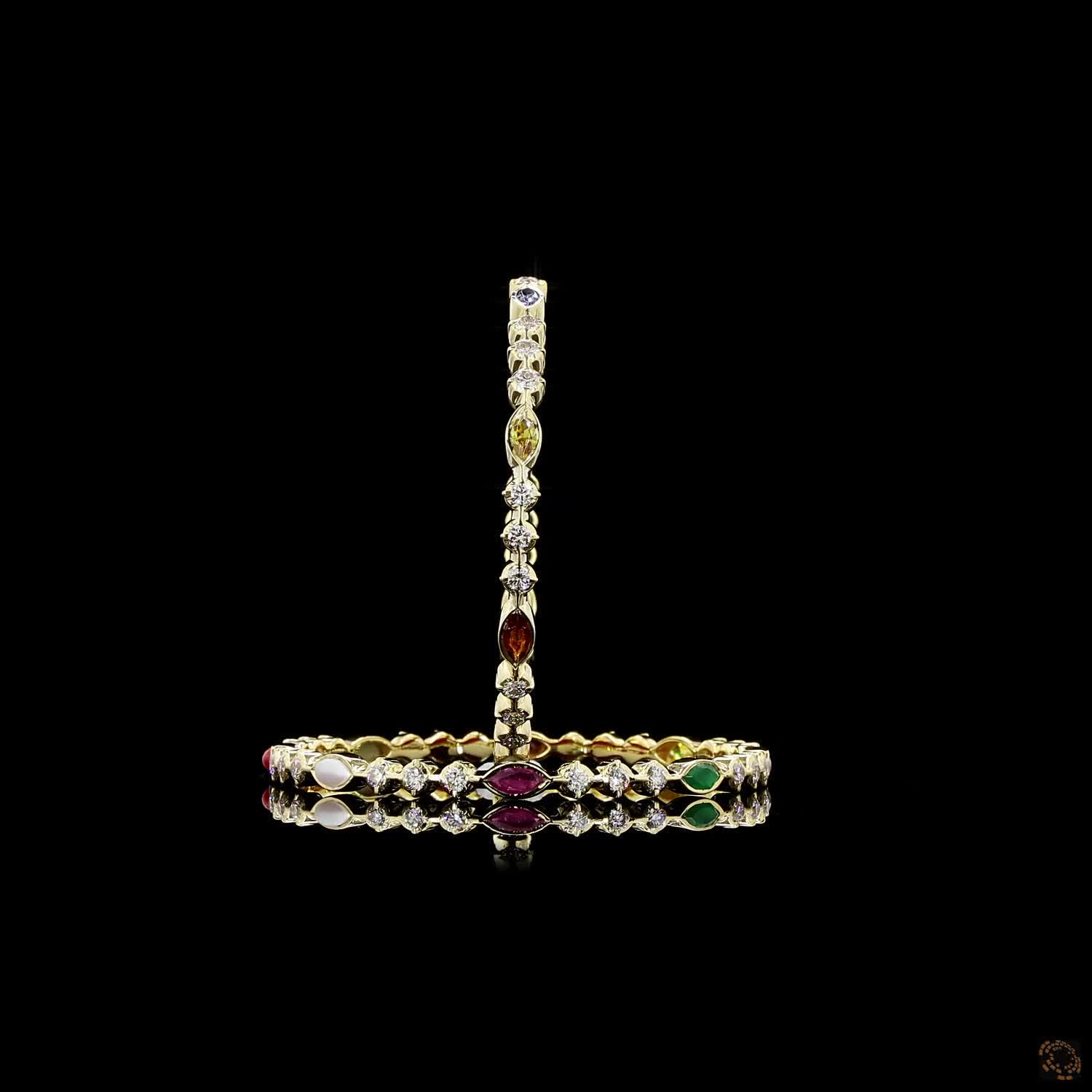 Navratna Stone Diamond Bangles in 18KT Yellow Gold