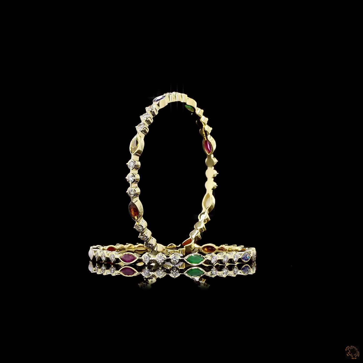 Navratna Stone Diamond Bangles in 18KT Yellow Gold