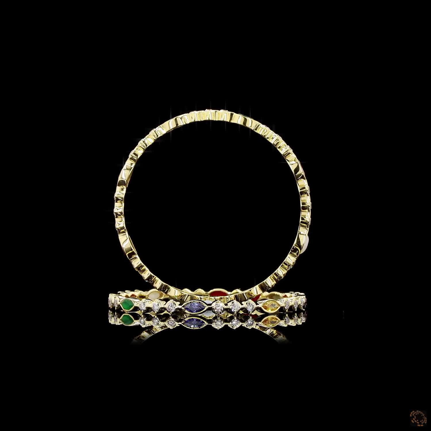 Navratna Stone Diamond Bangles in 18KT Yellow Gold