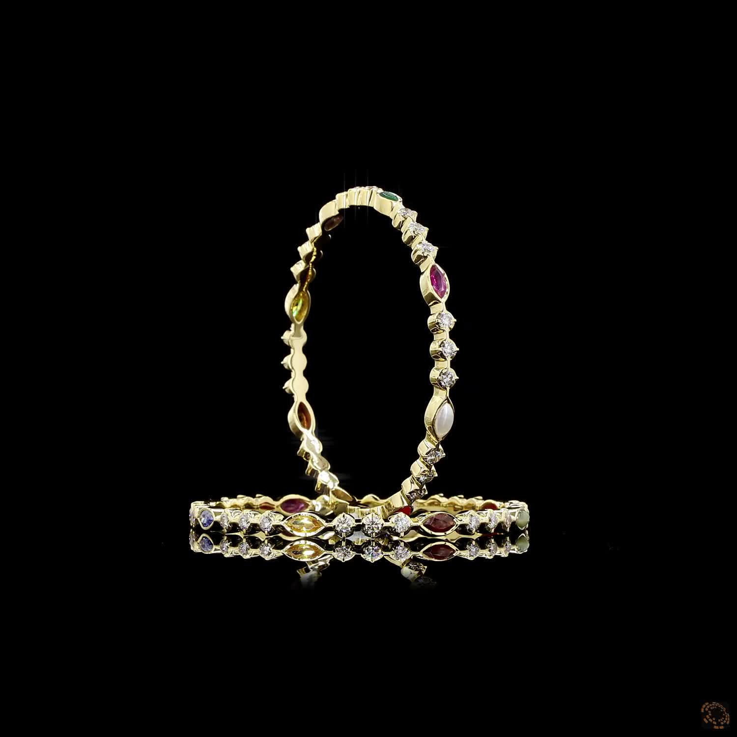 Navratna Stone Diamond Bangles in 18KT Yellow Gold