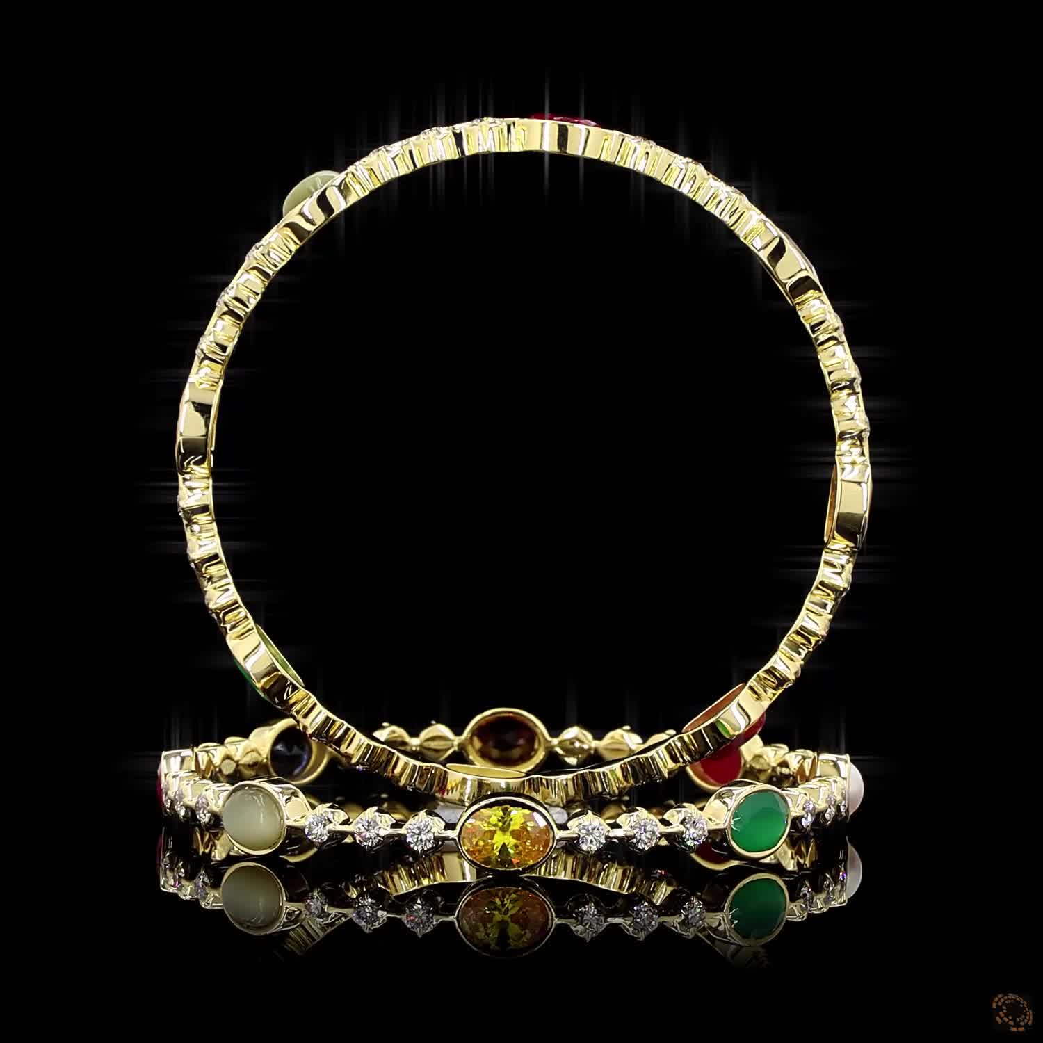 Navratna Stone Diamond Bangles in 18KT Yellow Gold