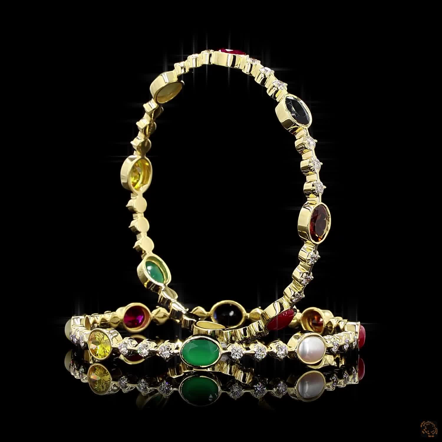 Navratna Stone Diamond Bangles in 18KT Yellow Gold