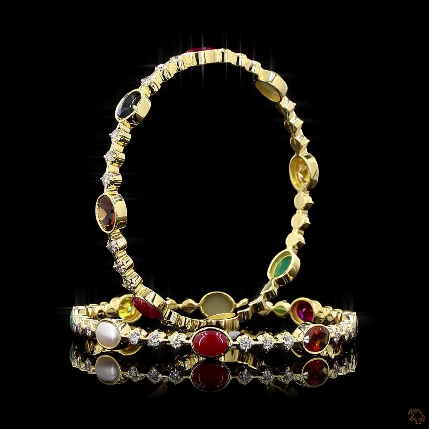 Navratna Stone Diamond Bangles in 18KT Yellow Gold