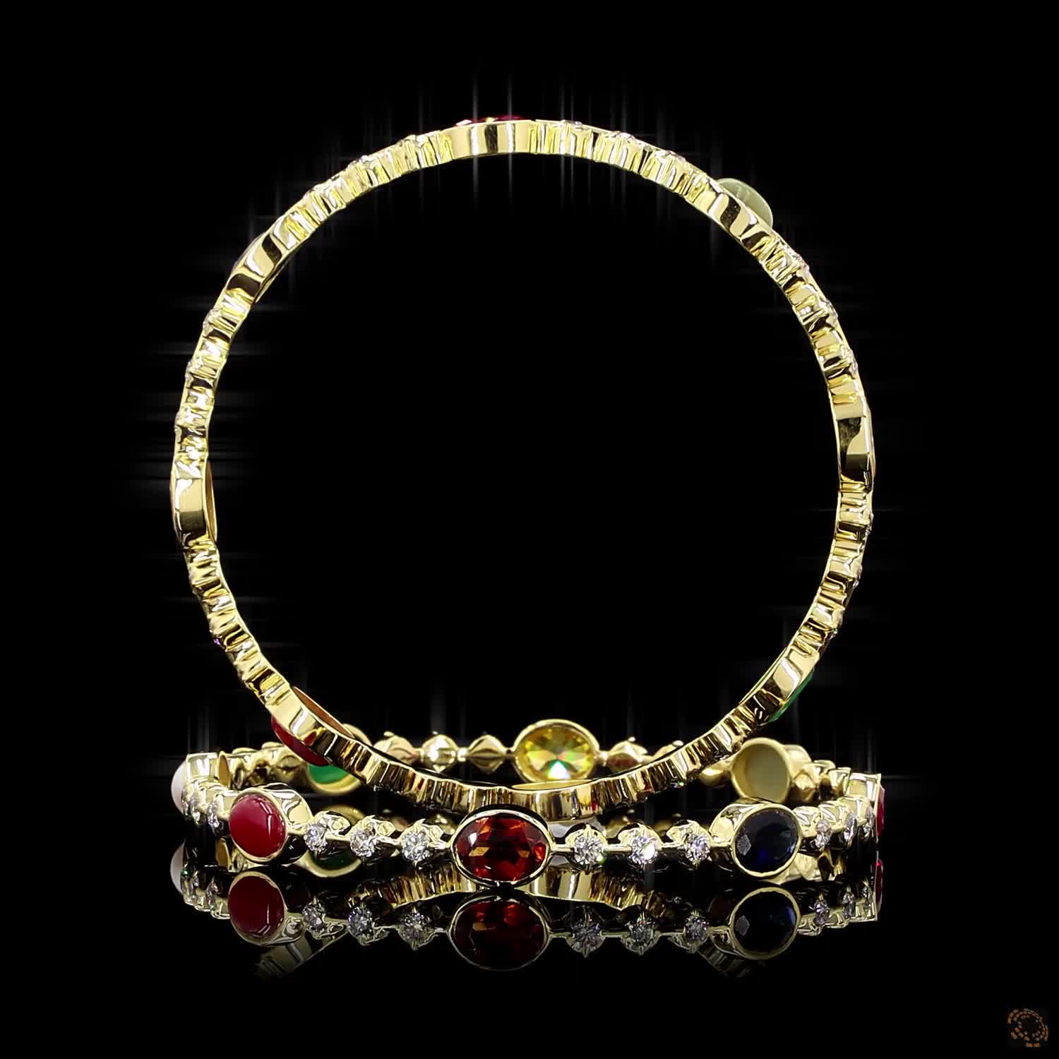 Navratna Stone Diamond Bangles in 18KT Yellow Gold