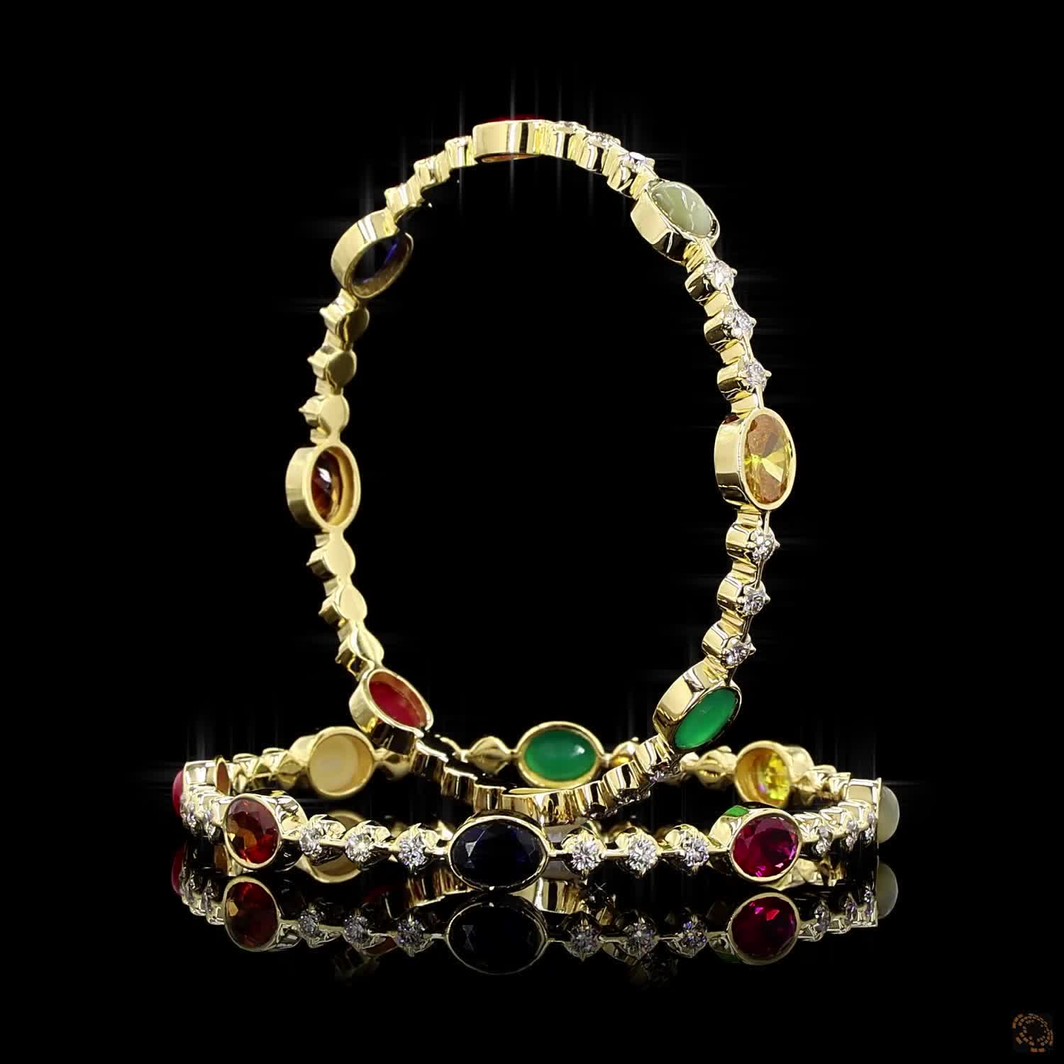 Navratna Stone Diamond Bangles in 18KT Yellow Gold