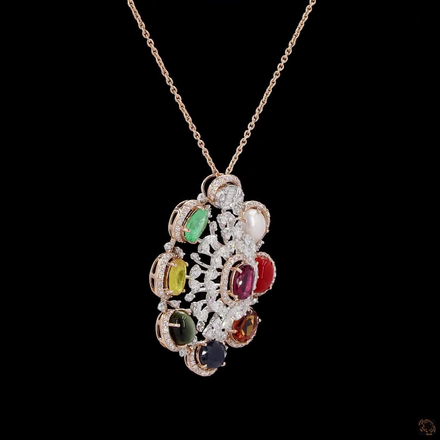 Navratna Stone Diamond Pendant in 18KT Rose Gold