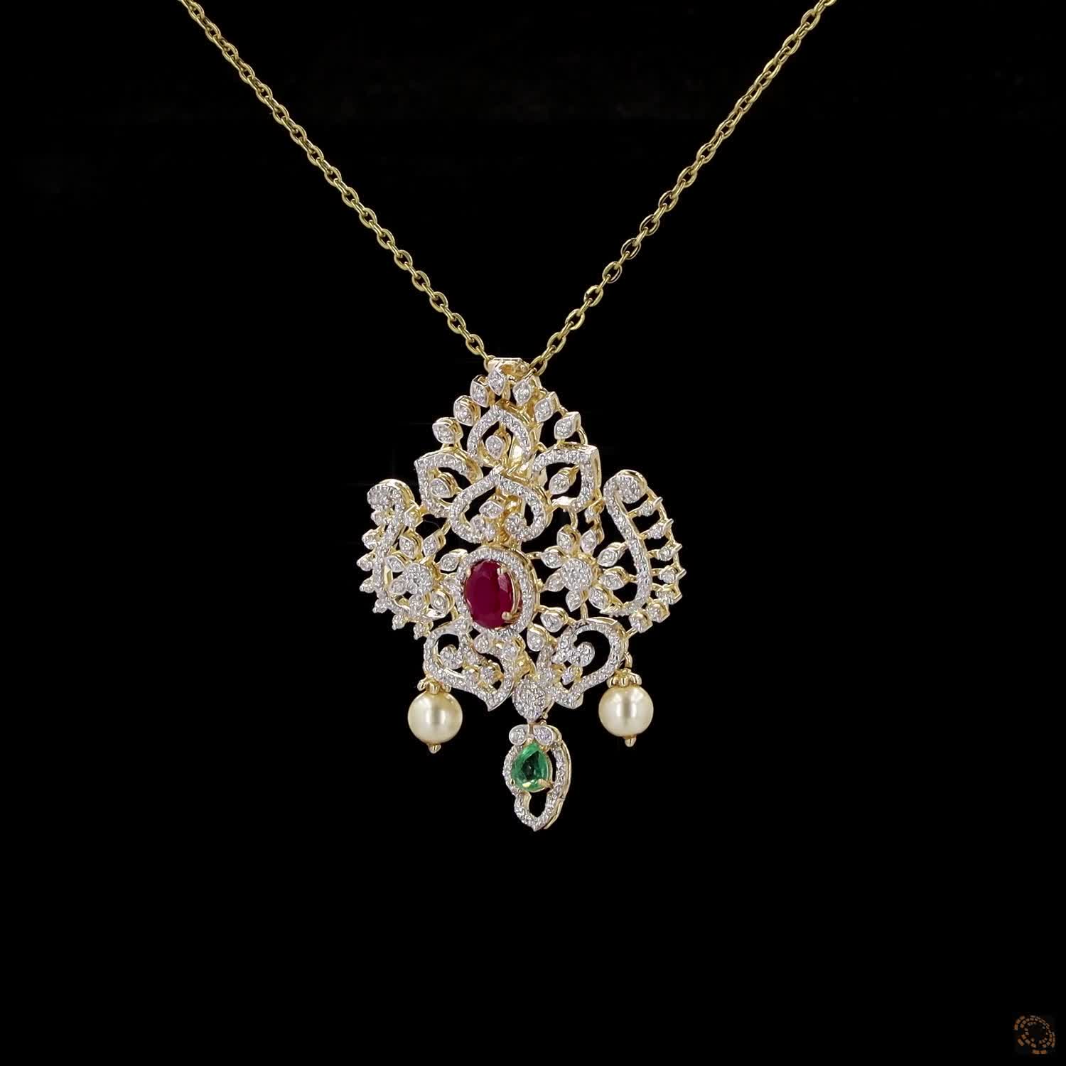 Emerald & Ruby Diamond Pendant in 18KT Yellow Gold