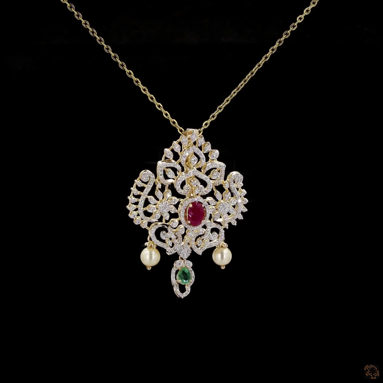 Emerald & Ruby Diamond Pendant in 18KT Yellow Gold