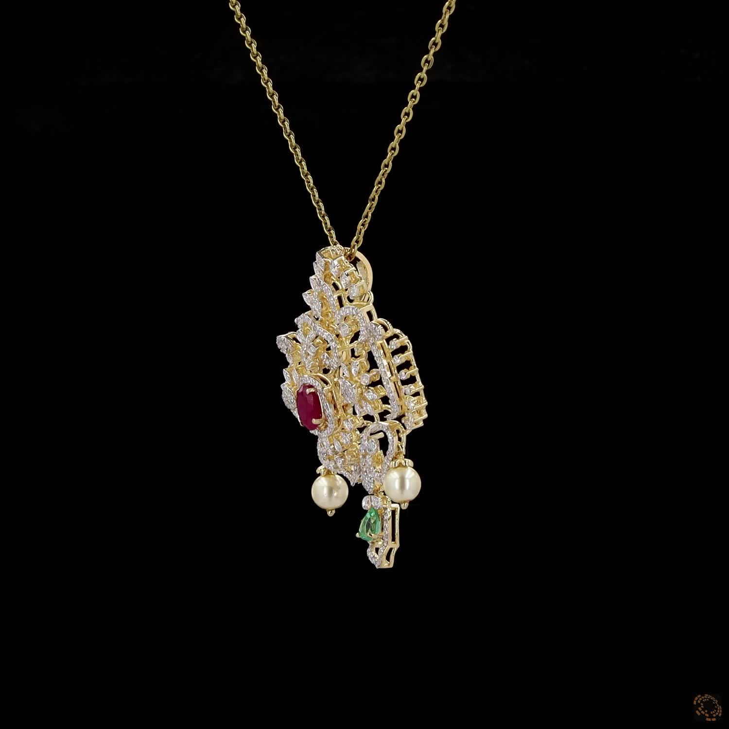 Emerald & Ruby Diamond Pendant in 18KT Yellow Gold