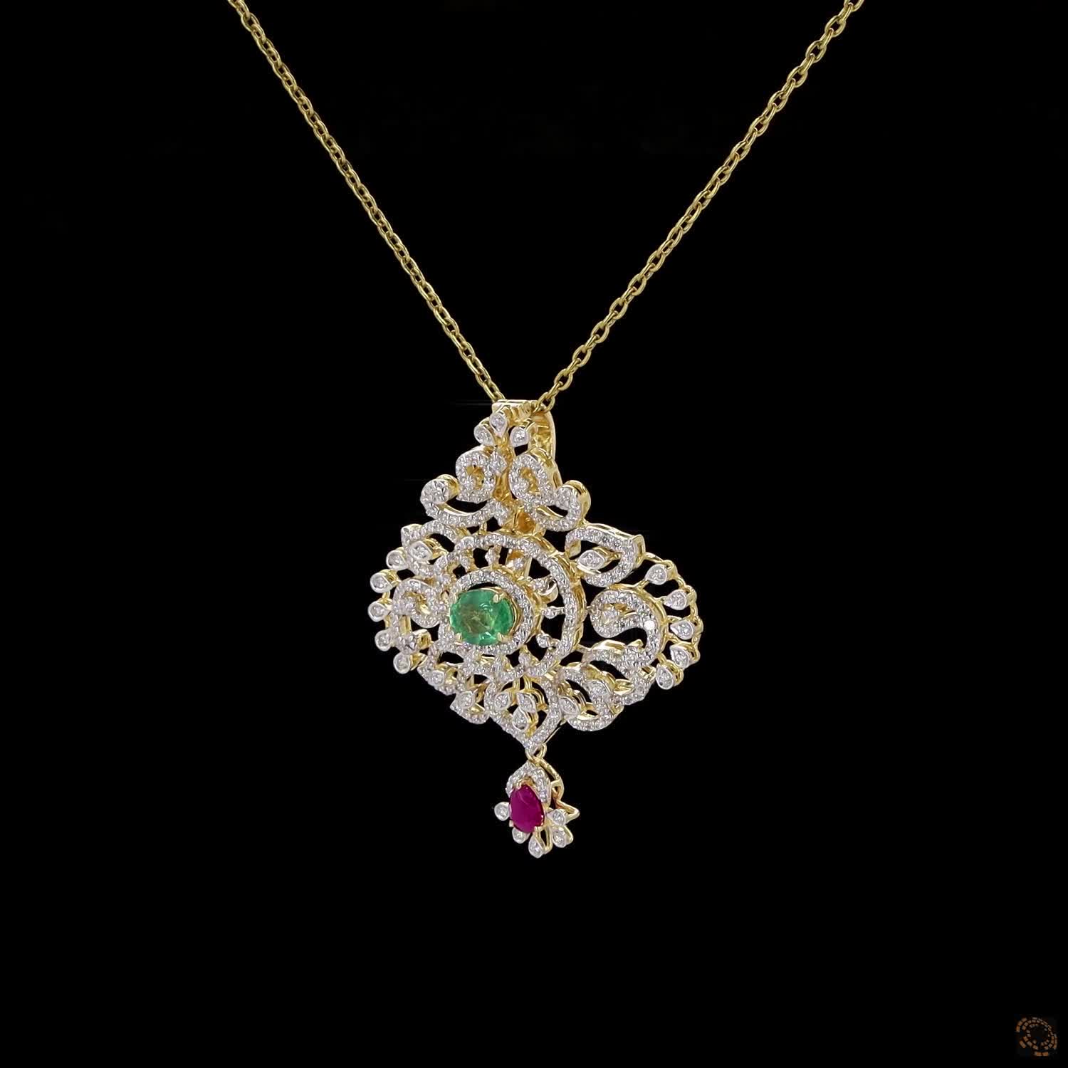 Emerald & Ruby Diamond Pendant in 18KT Yellow Gold