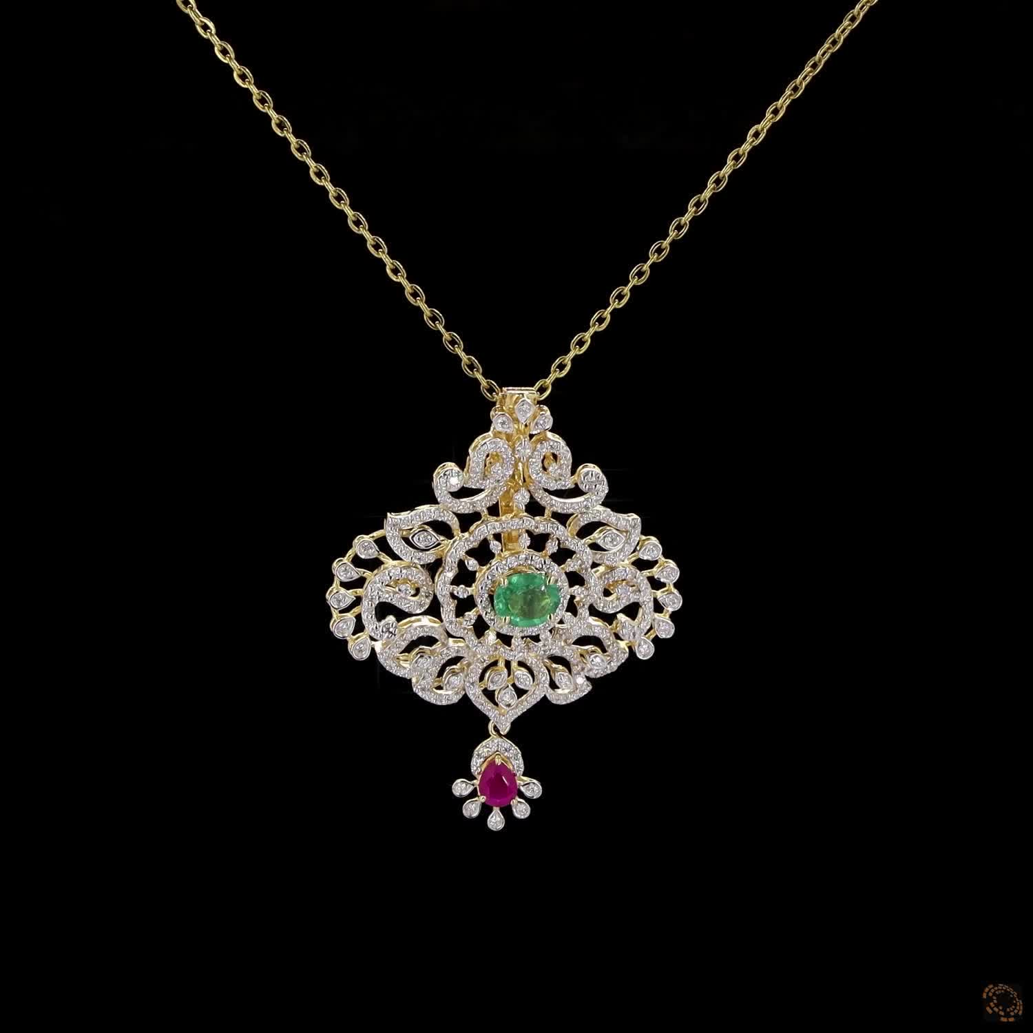 Emerald & Ruby Diamond Pendant in 18KT Yellow Gold
