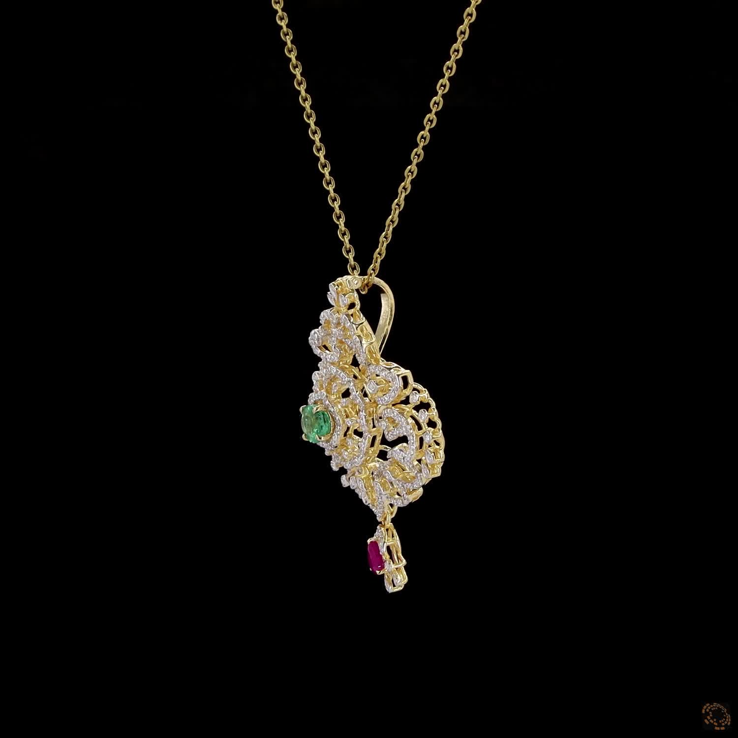 Emerald & Ruby Diamond Pendant in 18KT Yellow Gold