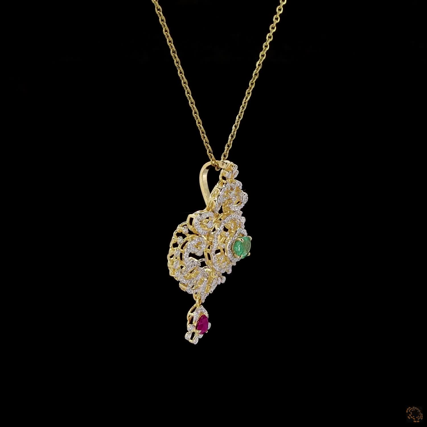 Emerald & Ruby Diamond Pendant in 18KT Yellow Gold