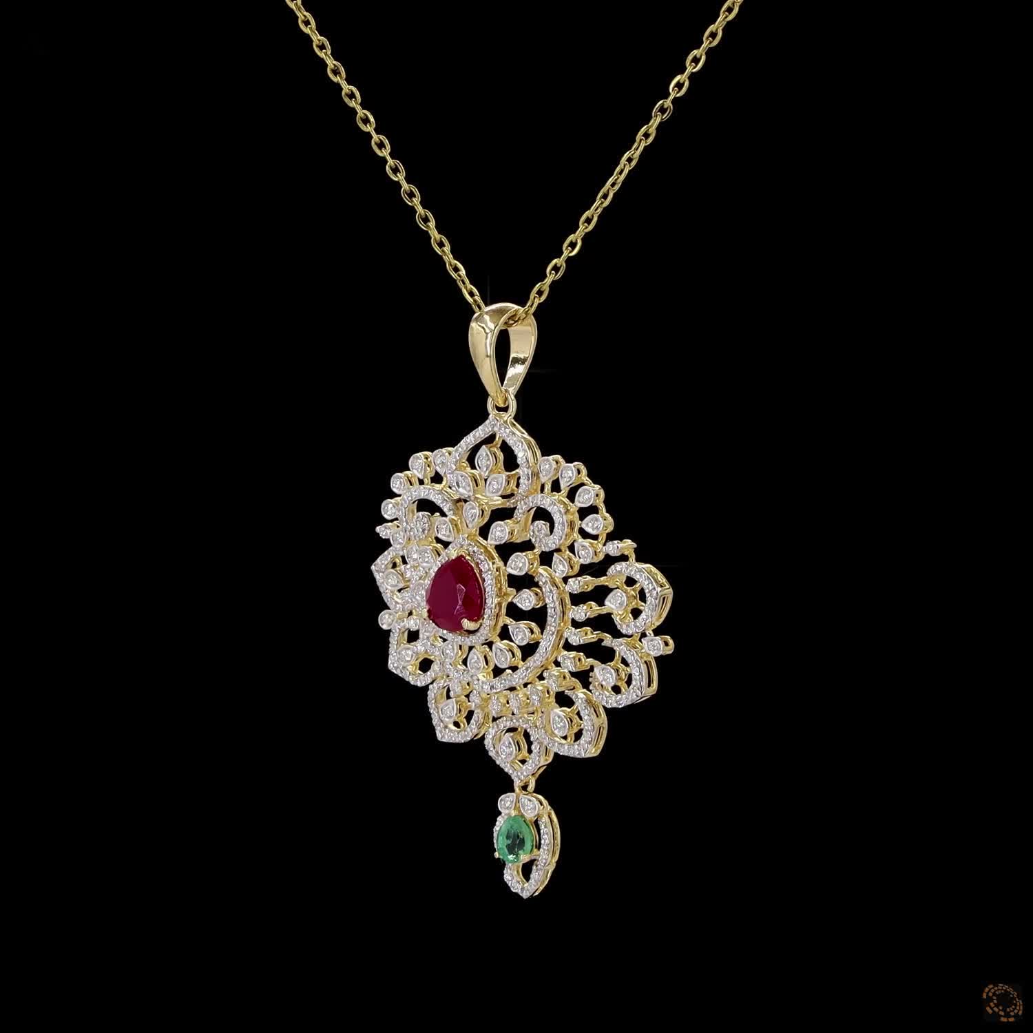 Emerald & Ruby Diamond Pendant in 18KT Yellow Gold