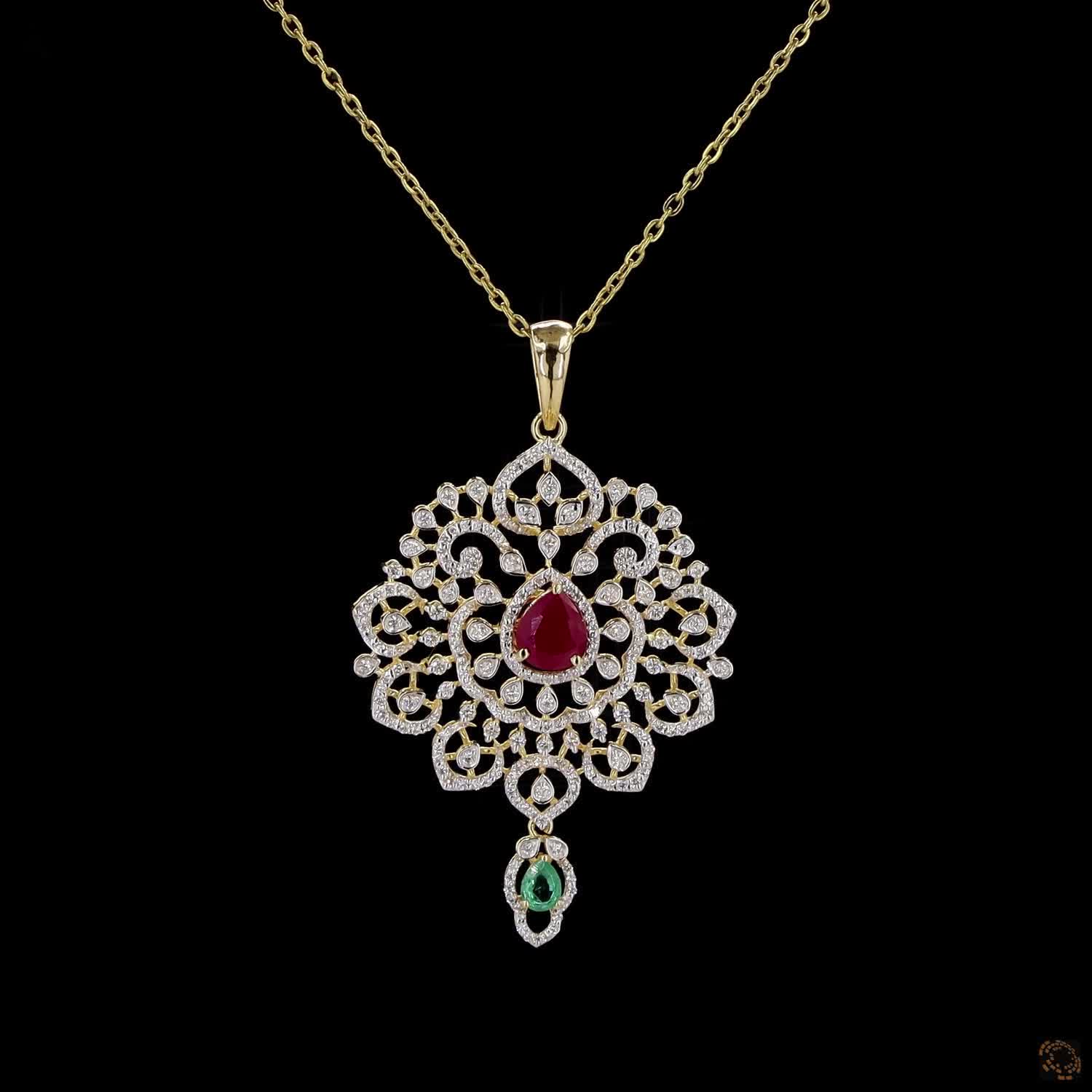 Emerald & Ruby Diamond Pendant in 18KT Yellow Gold