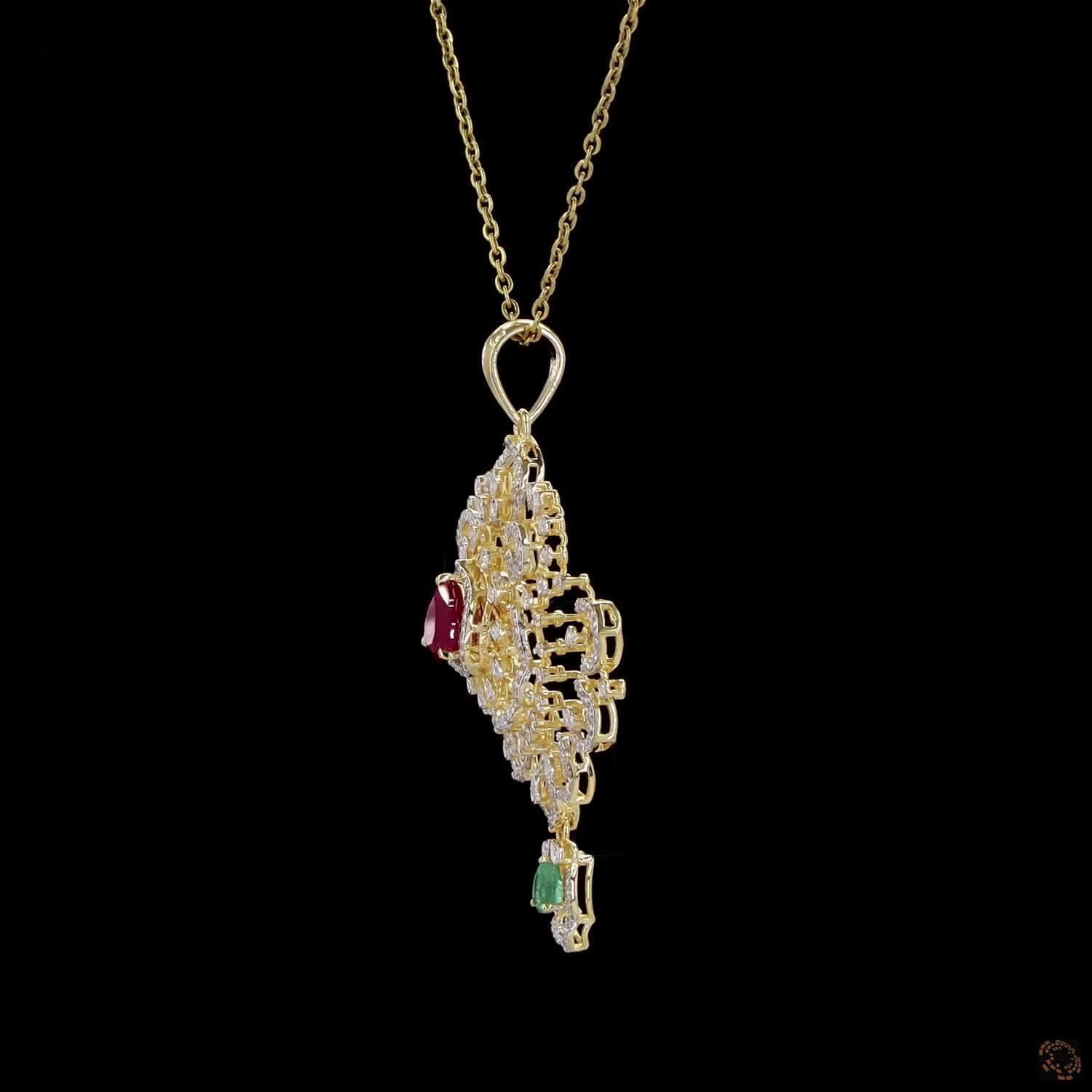 Emerald & Ruby Diamond Pendant in 18KT Yellow Gold