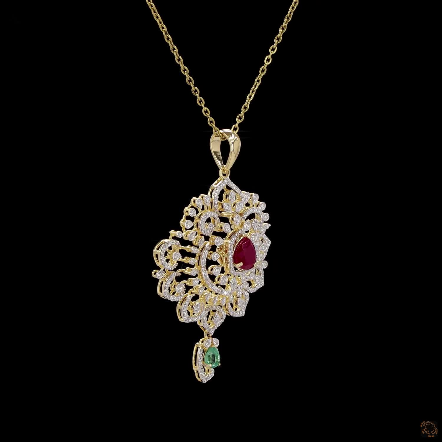 Emerald & Ruby Diamond Pendant in 18KT Yellow Gold