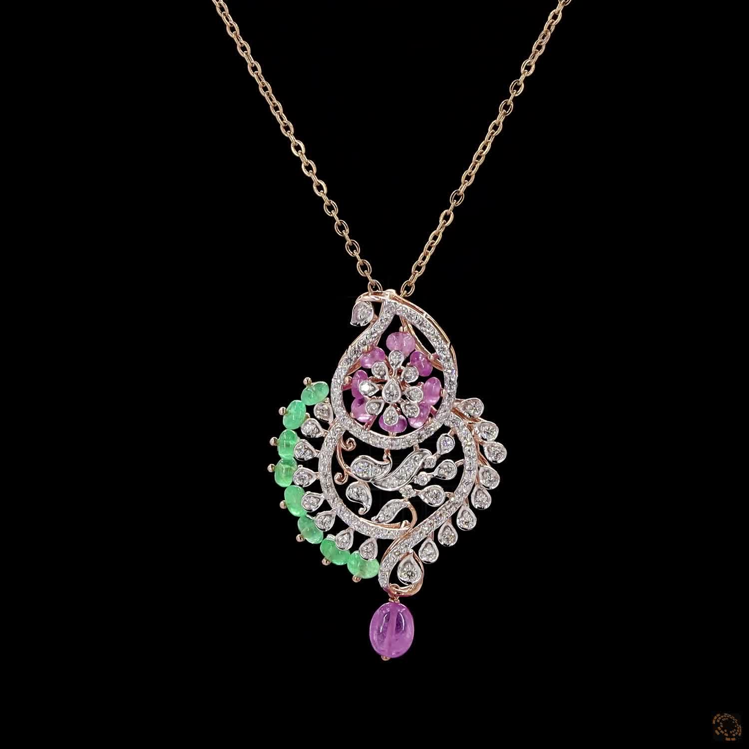 Emerald & Pink Stone Diamond Pendant in 18KT Yellow Gold