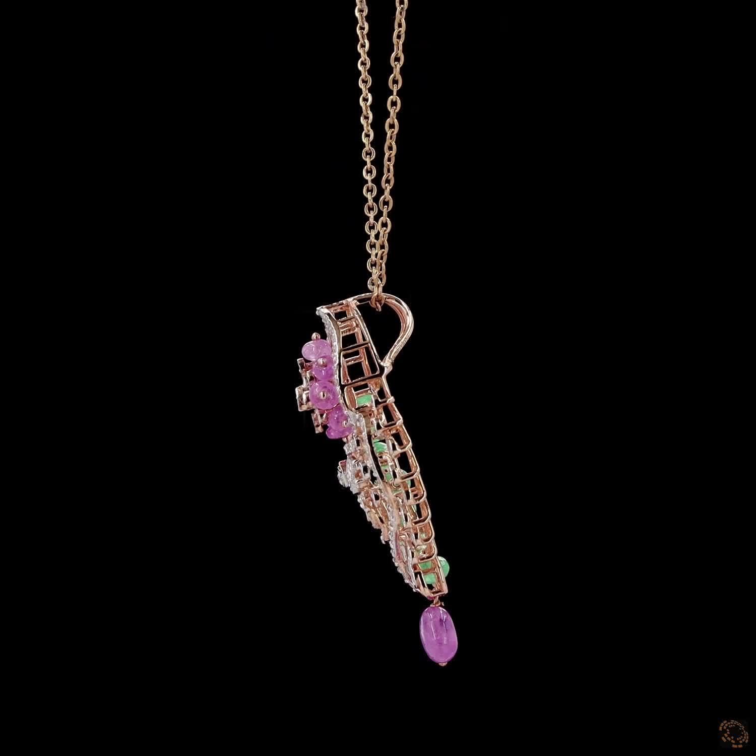 Emerald & Pink Stone Diamond Pendant in 18KT Yellow Gold