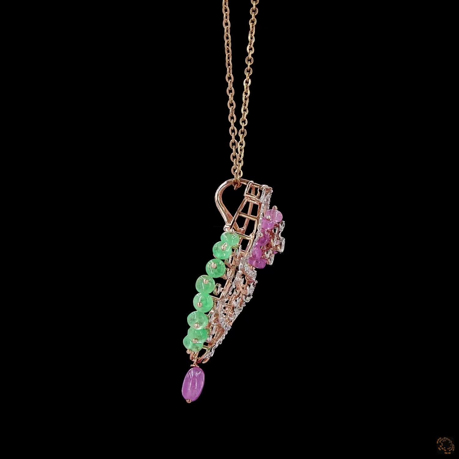 Emerald & Pink Stone Diamond Pendant in 18KT Yellow Gold