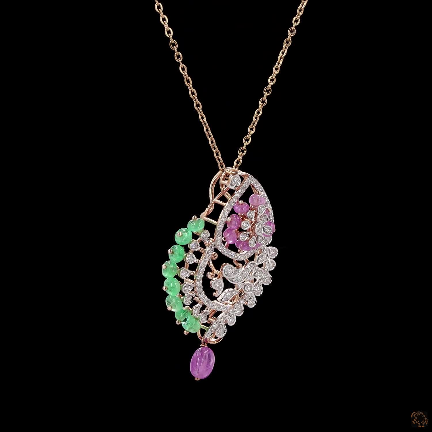 Emerald & Pink Stone Diamond Pendant in 18KT Yellow Gold