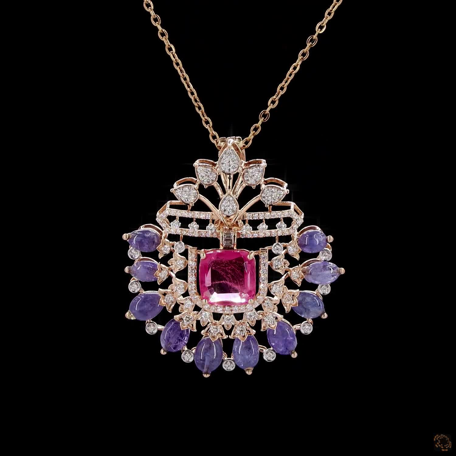 Pink Stone & Blue Stone Diamond Pendant in 18KT Rose Gold
