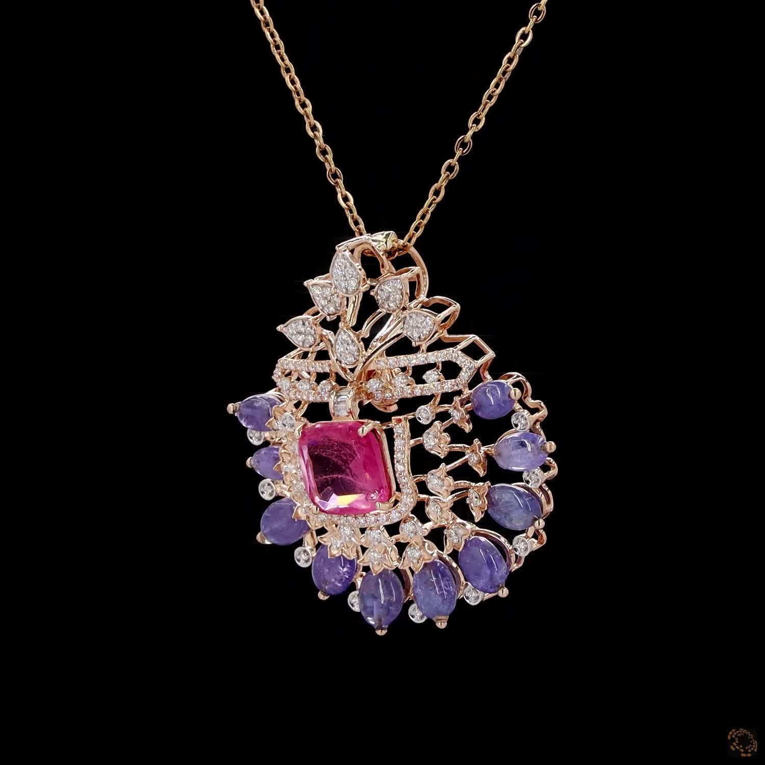 Pink Stone & Blue Stone Diamond Pendant in 18KT Rose Gold
