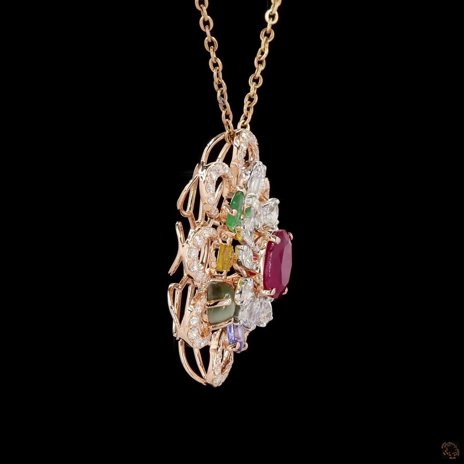 Navratna Stone Diamond Pendant in 18KT Yellow Gold