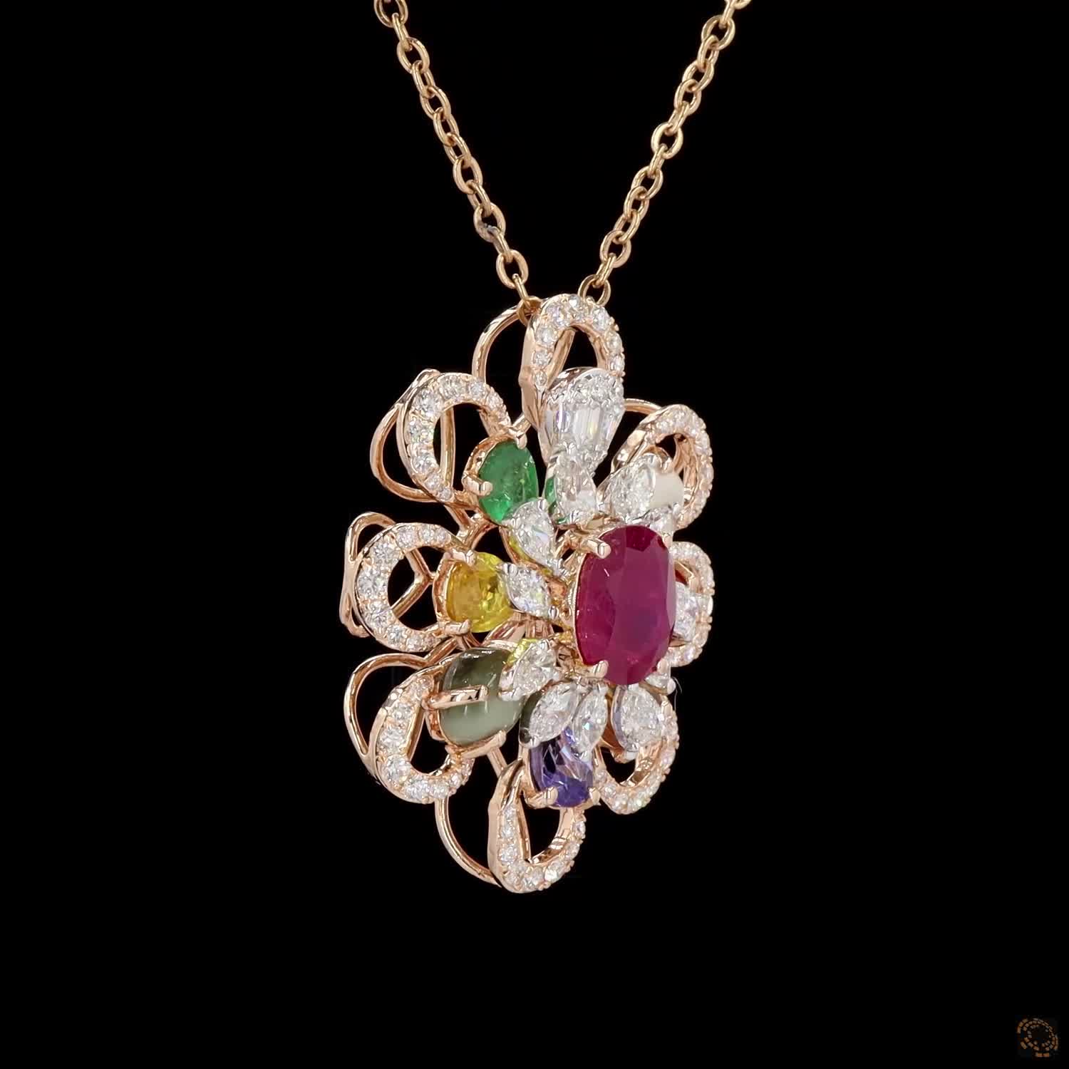 Navratna Stone Diamond Pendant in 18KT Yellow Gold