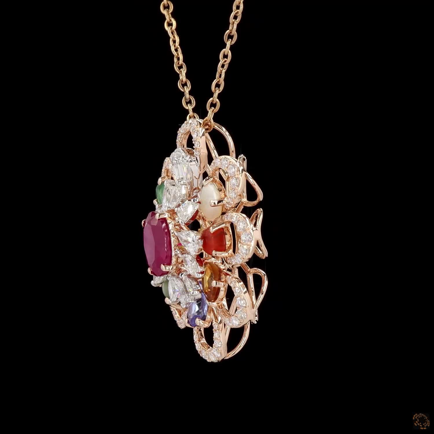 Navratna Stone Diamond Pendant in 18KT Yellow Gold