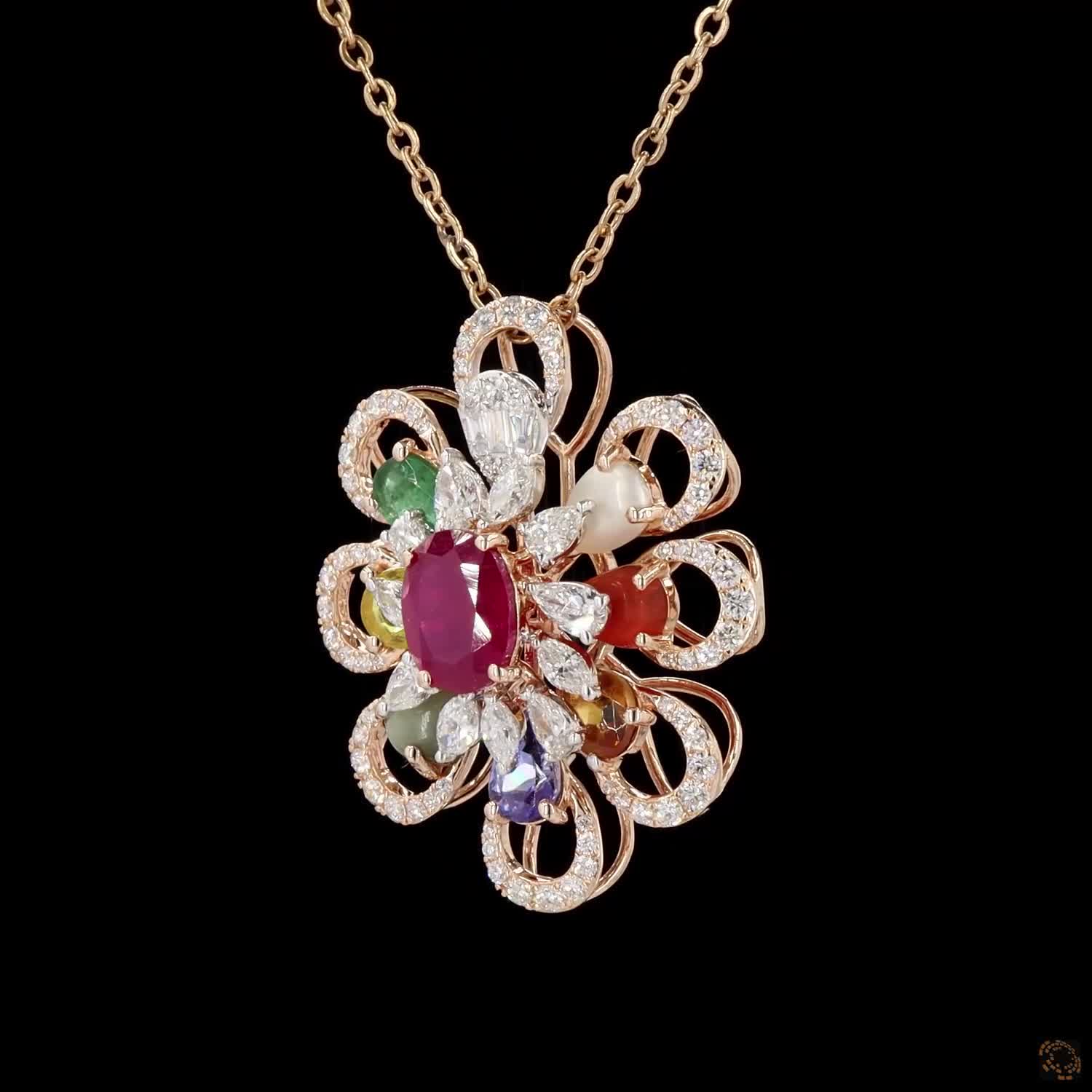 Navratna Stone Diamond Pendant in 18KT Yellow Gold