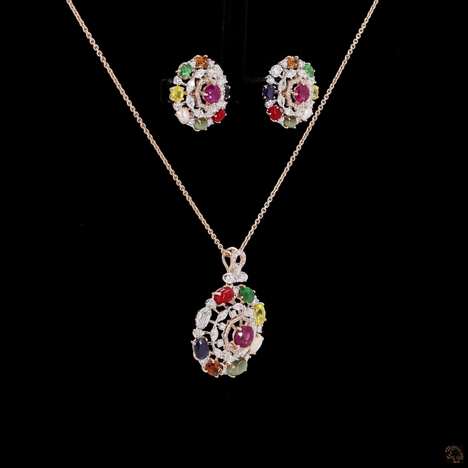Navratna Stone & Navratna Stone Diamond Pendant Set in 18KT Rose Gold