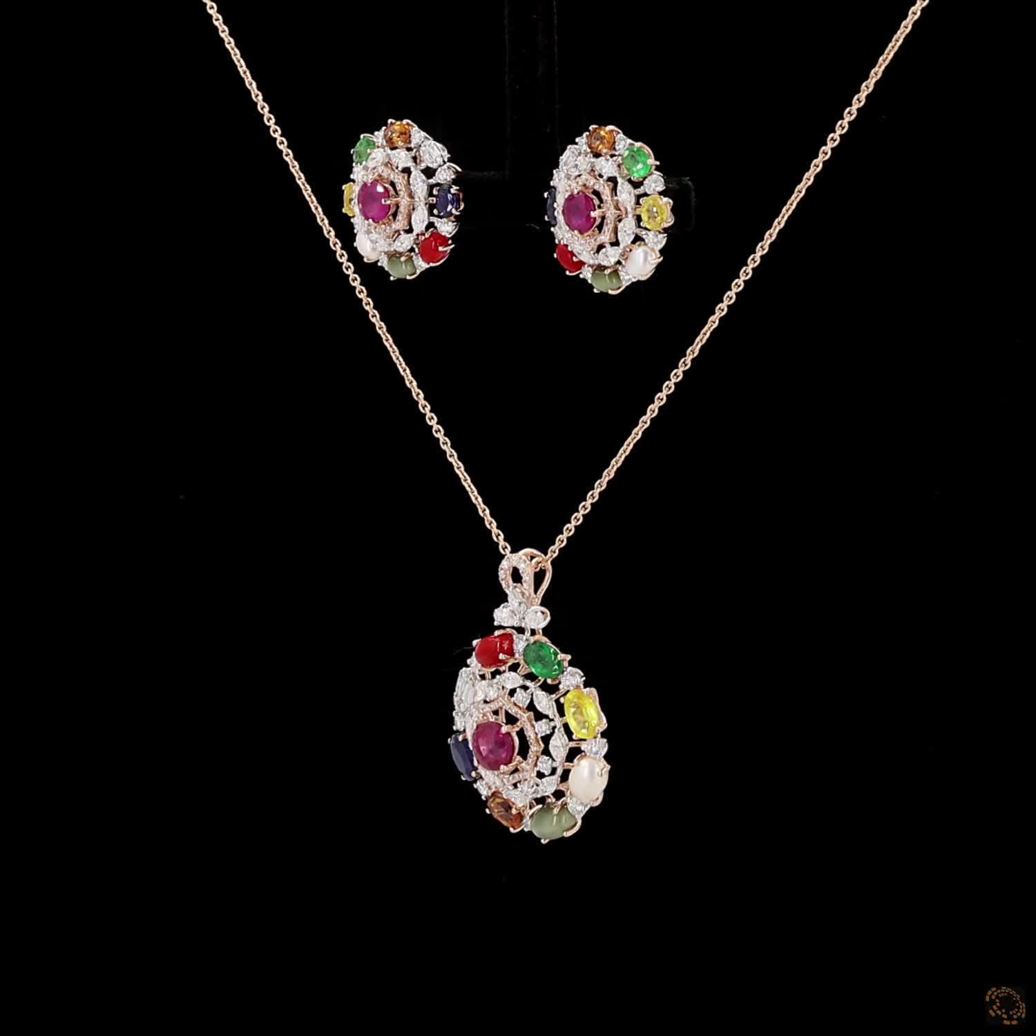 Navratna Stone & Navratna Stone Diamond Pendant Set in 18KT Rose Gold