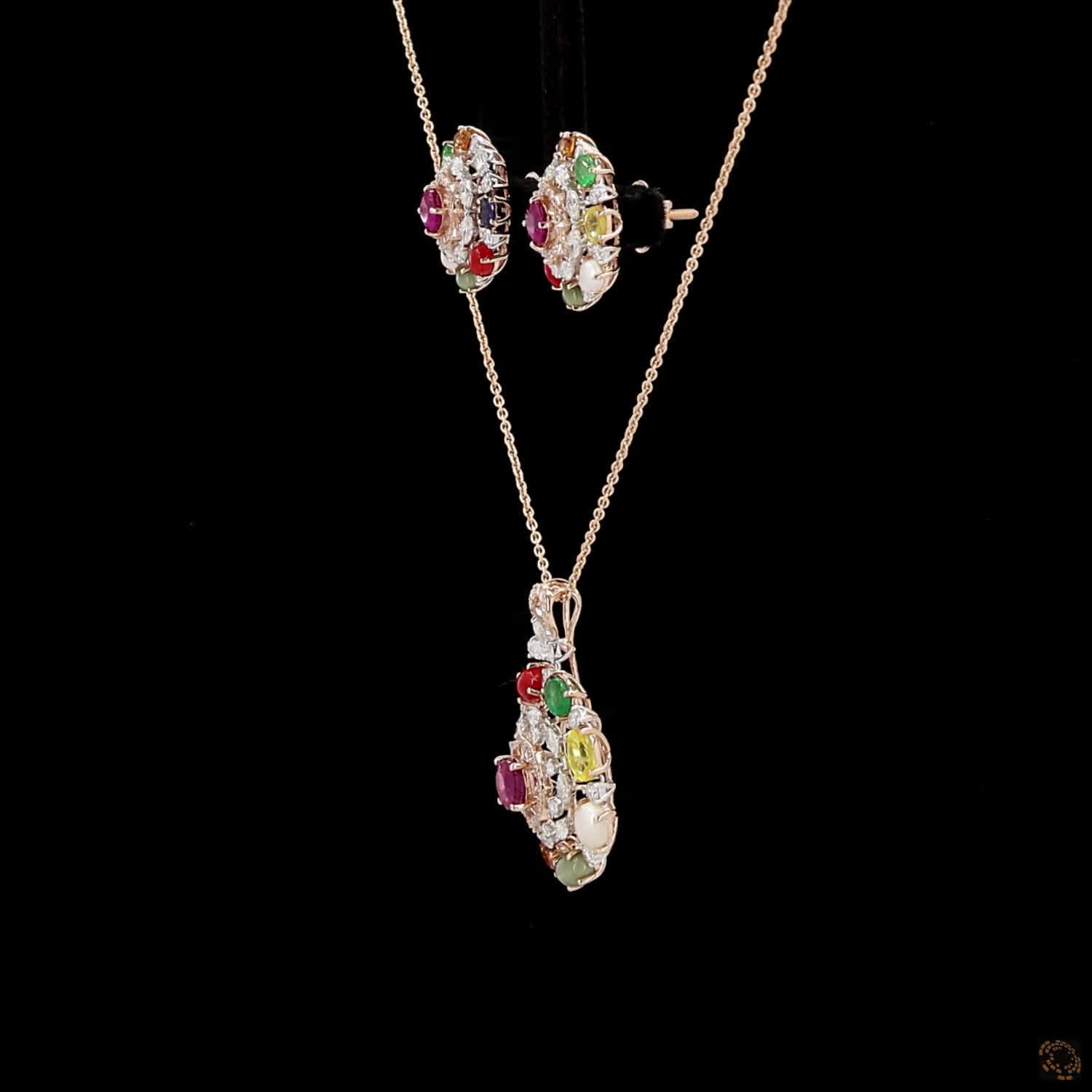 Navratna Stone & Navratna Stone Diamond Pendant Set in 18KT Rose Gold