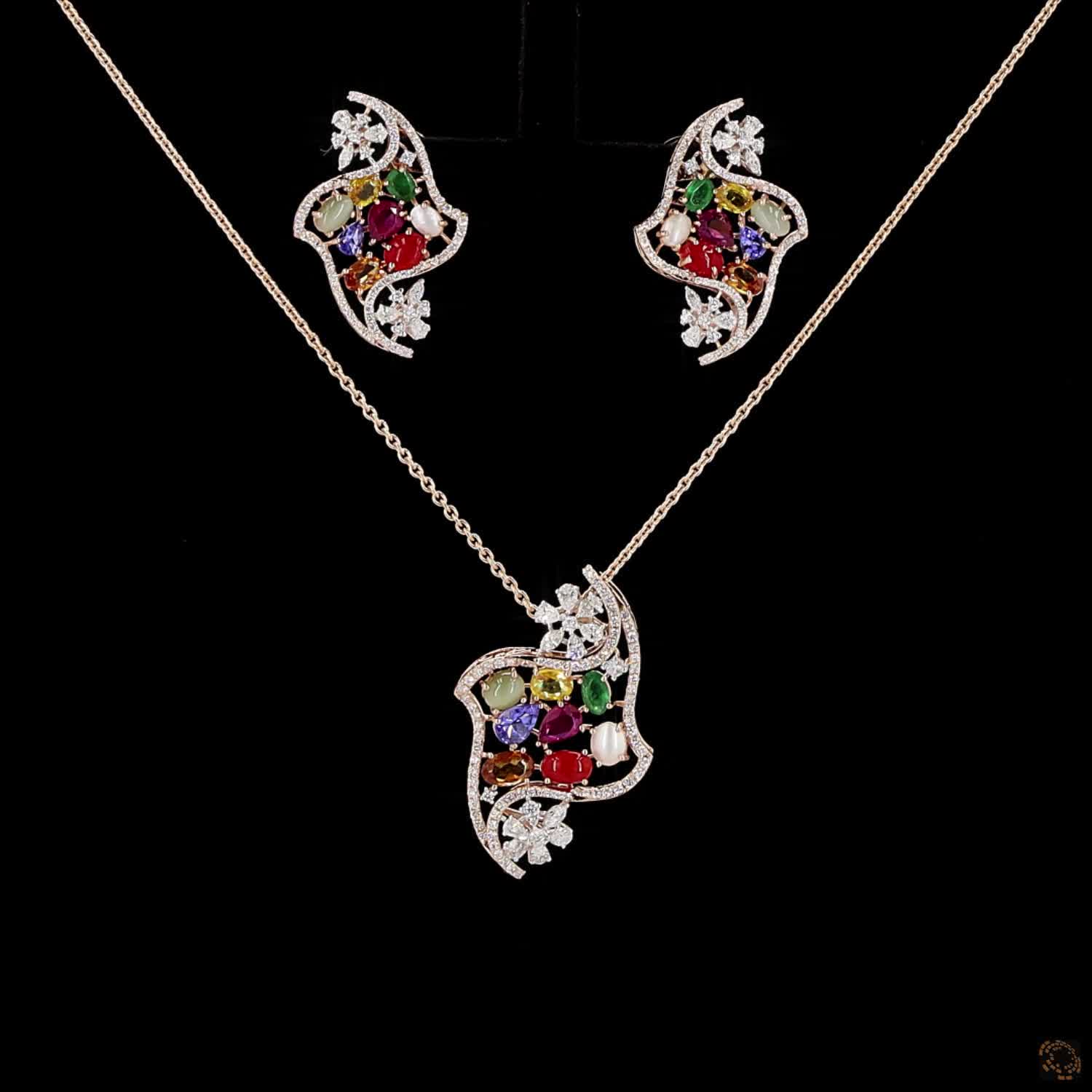 Navratna Stone & Navratna Stone Diamond Pendant Set in 18KT Rose Gold