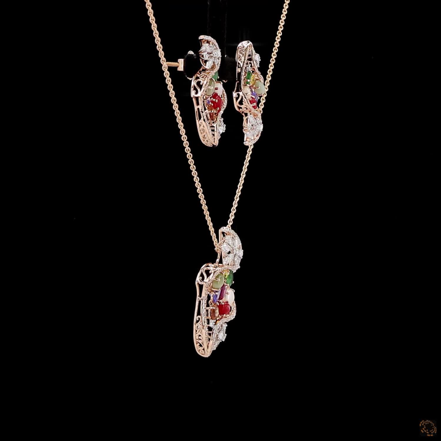 Navratna Stone & Navratna Stone Diamond Pendant Set in 18KT Rose Gold