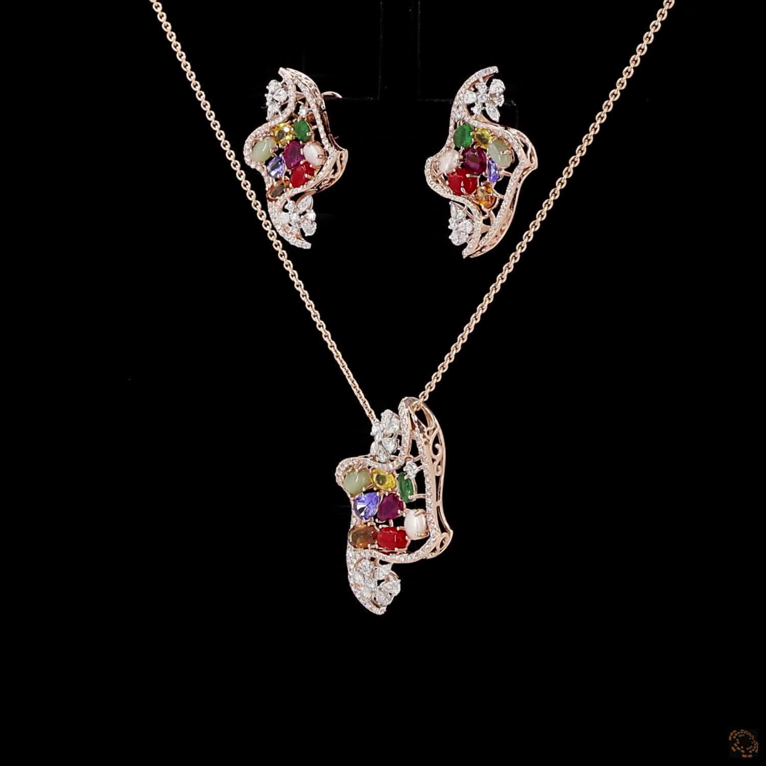Navratna Stone & Navratna Stone Diamond Pendant Set in 18KT Rose Gold