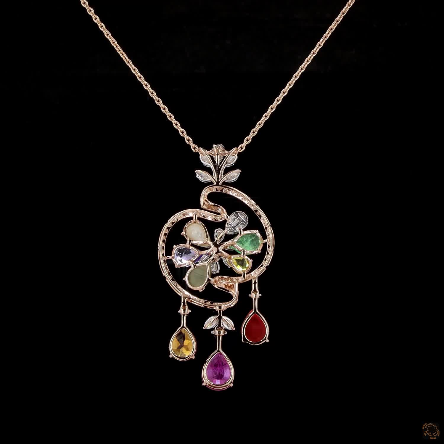 Navratna Stone & Navratna Stone Diamond Pendant Set in 18KT Yellow Gold
