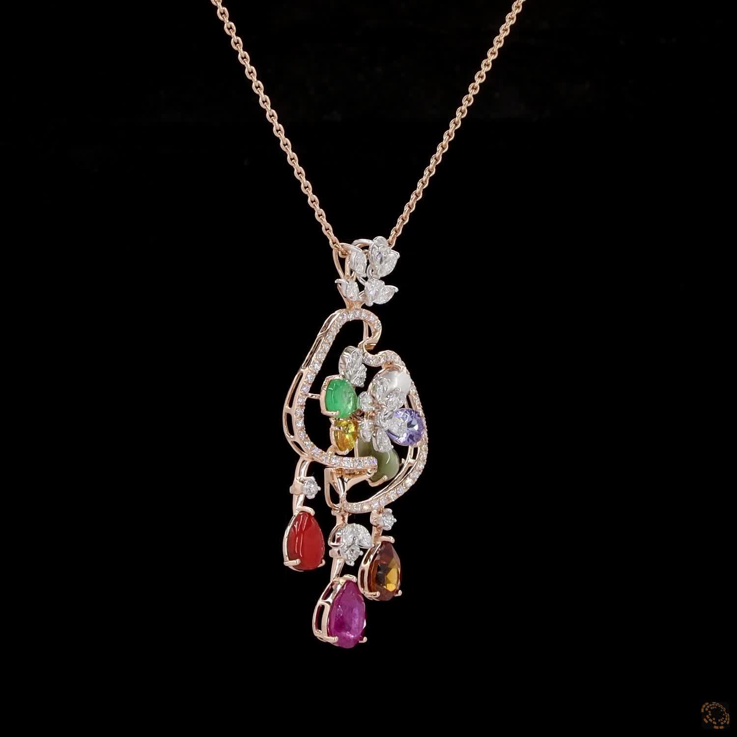 Navratna Stone & Navratna Stone Diamond Pendant Set in 18KT Yellow Gold