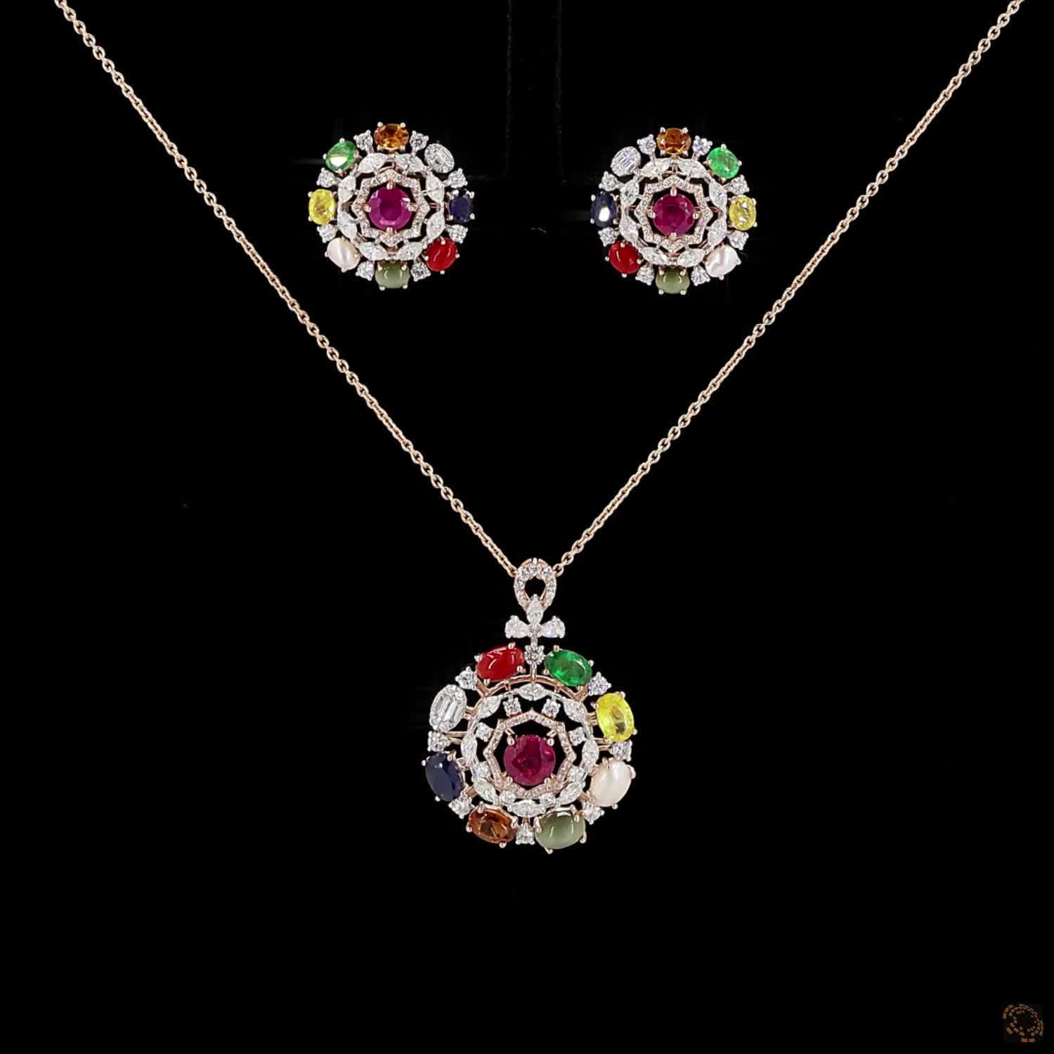Navratna Stone & Navratna Stone Diamond Pendant Set in 18KT Rose Gold