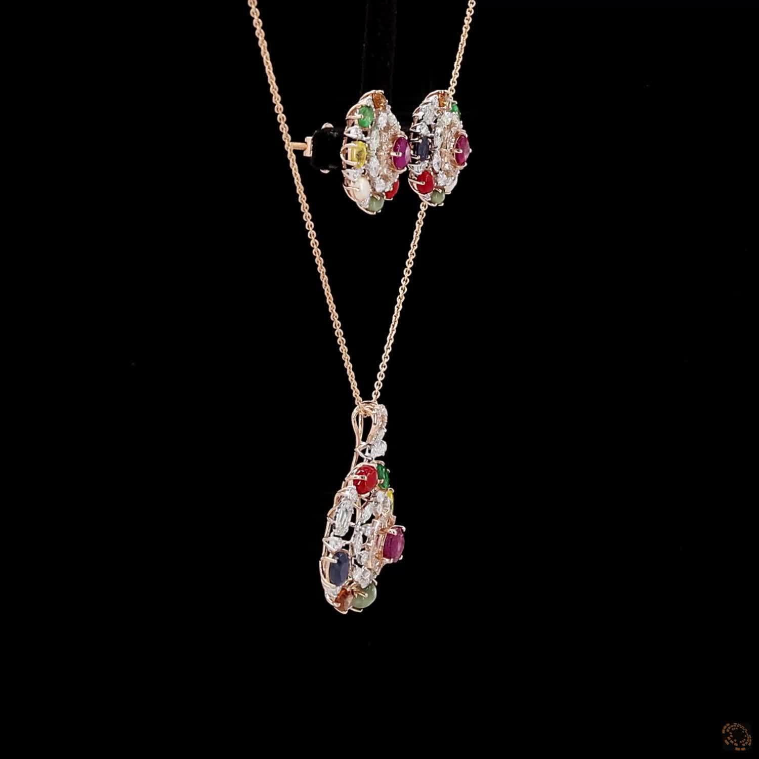 Navratna Stone & Navratna Stone Diamond Pendant Set in 18KT Rose Gold