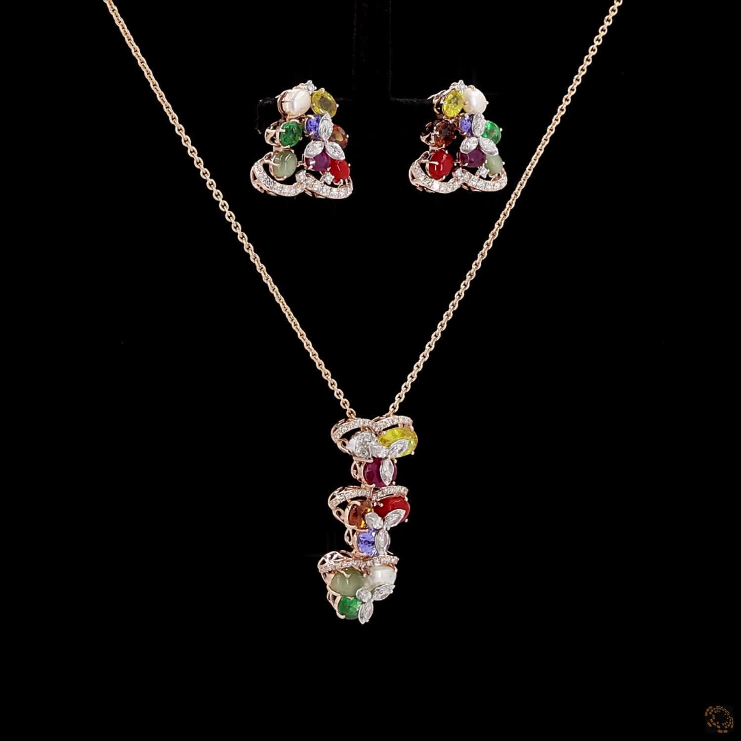 Navratna Stone & Navratna Stone Diamond Pendant Set in 18KT Rose Gold