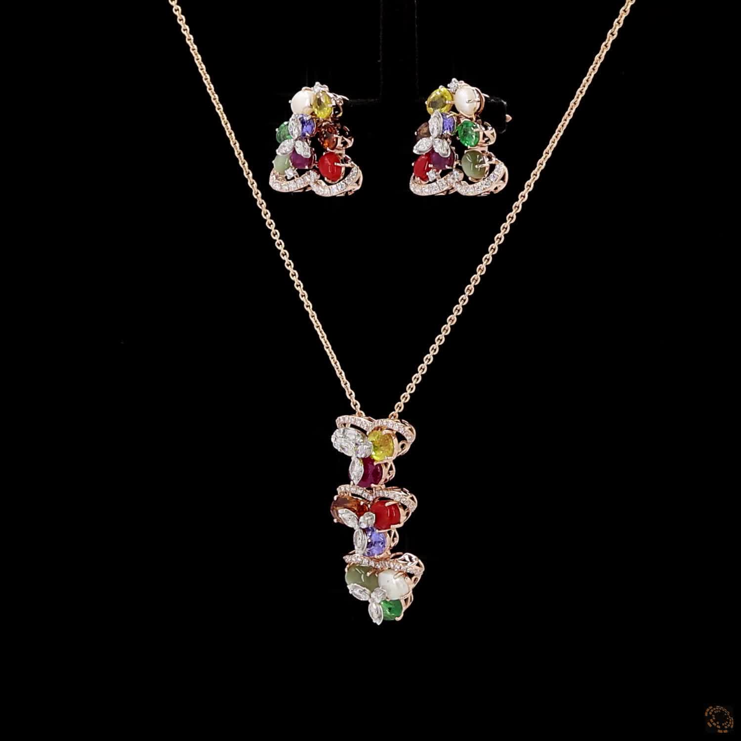 Navratna Stone & Navratna Stone Diamond Pendant Set in 18KT Rose Gold
