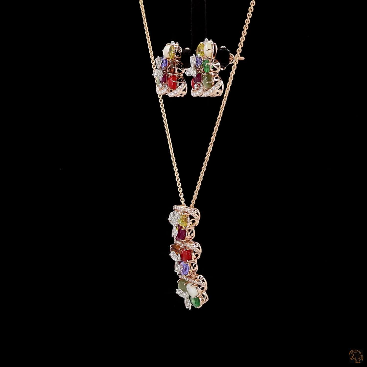 Navratna Stone & Navratna Stone Diamond Pendant Set in 18KT Rose Gold