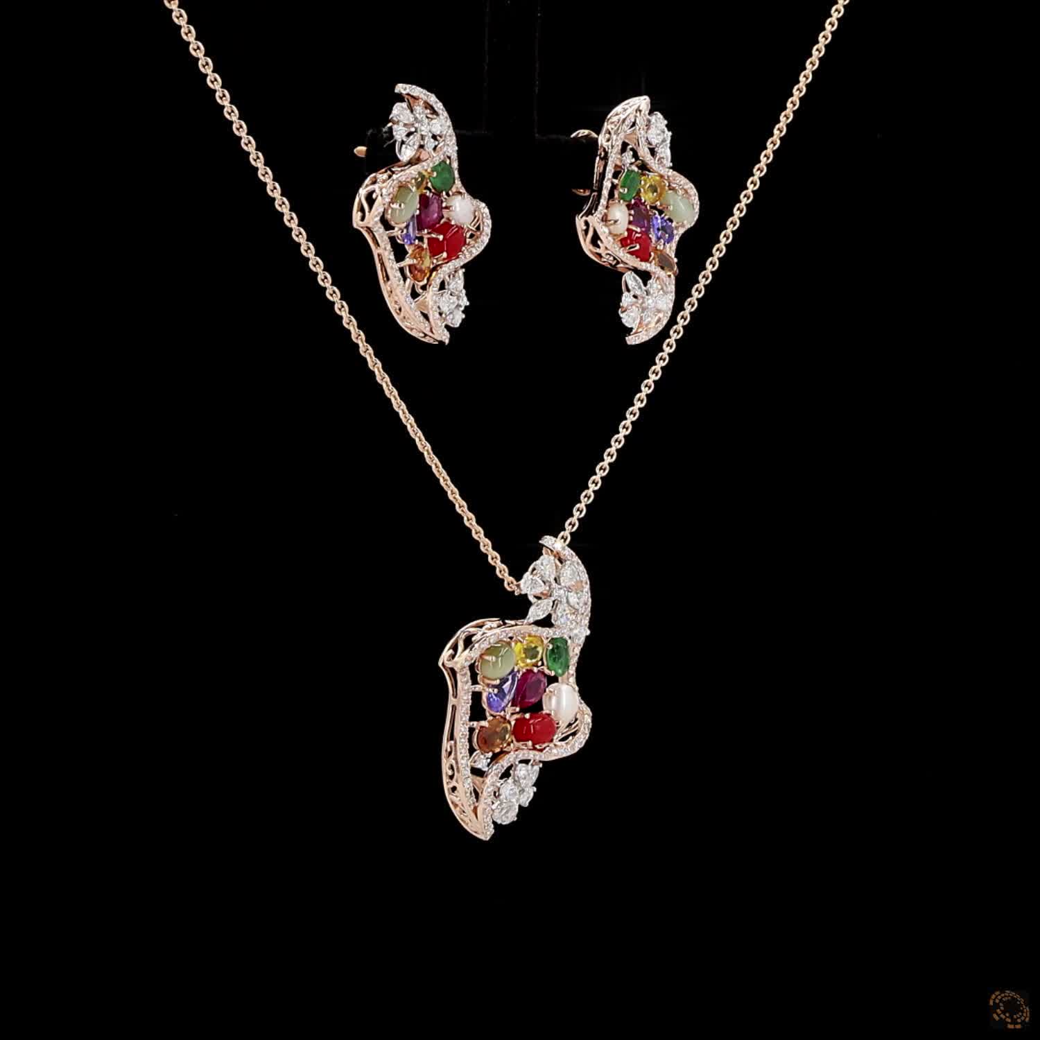 Navratna Stone & Navratna Stone Diamond Pendant Set in 18KT Rose Gold