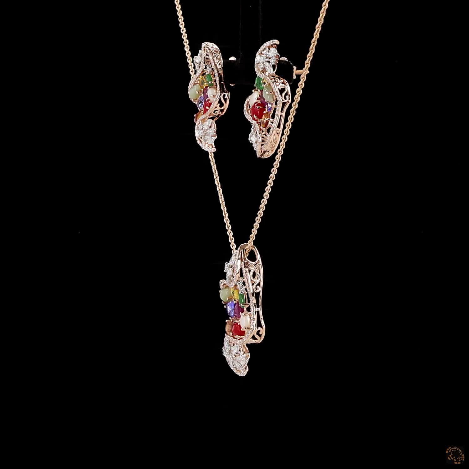 Navratna Stone & Navratna Stone Diamond Pendant Set in 18KT Rose Gold