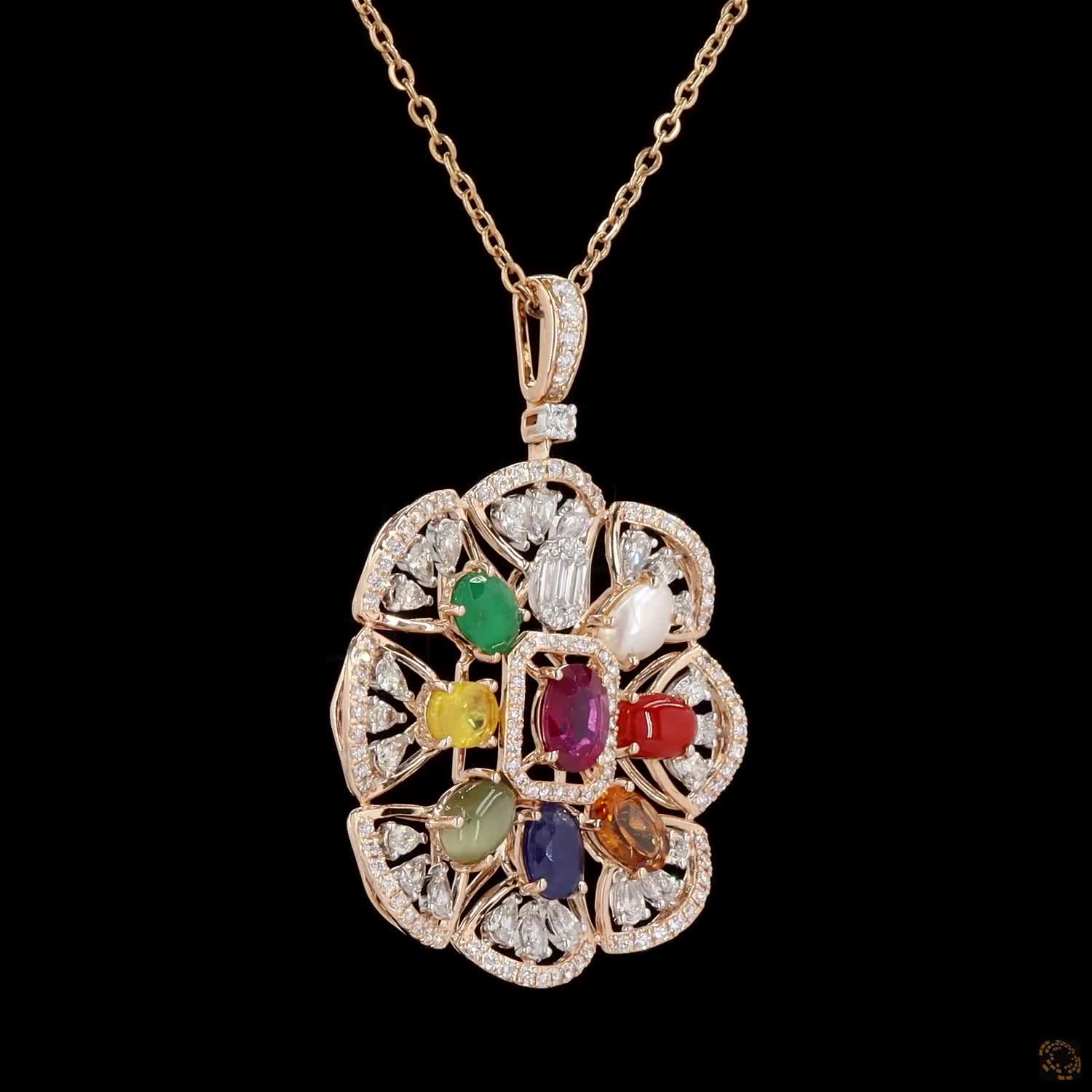 Navratna Stone & Navratna Stone Diamond Pendant Set in 18KT Rose Gold